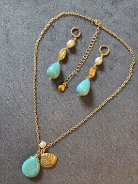 Mayamar 24k Gold Dipped Necklace And Earrings Set NEW Turquoise Seashell...